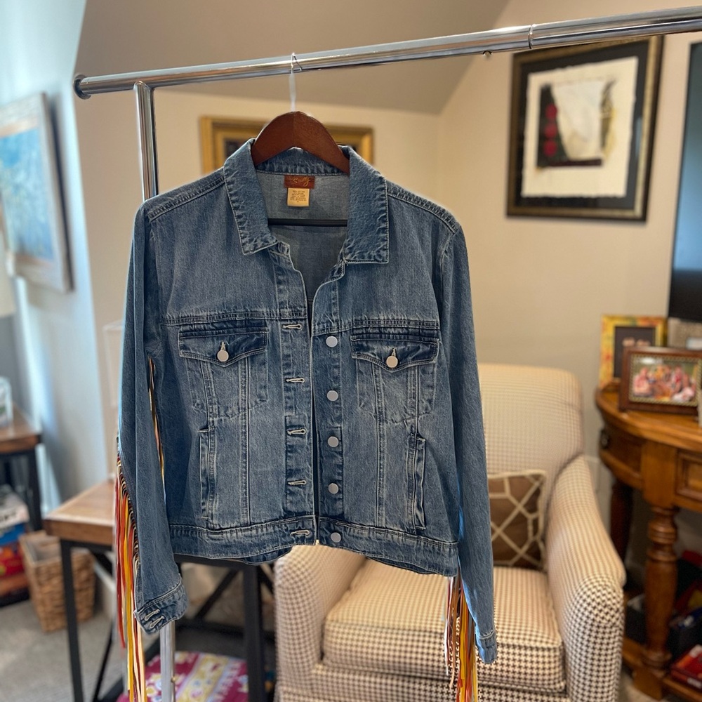 Scully denim jacket with multicolored fringe, size XL